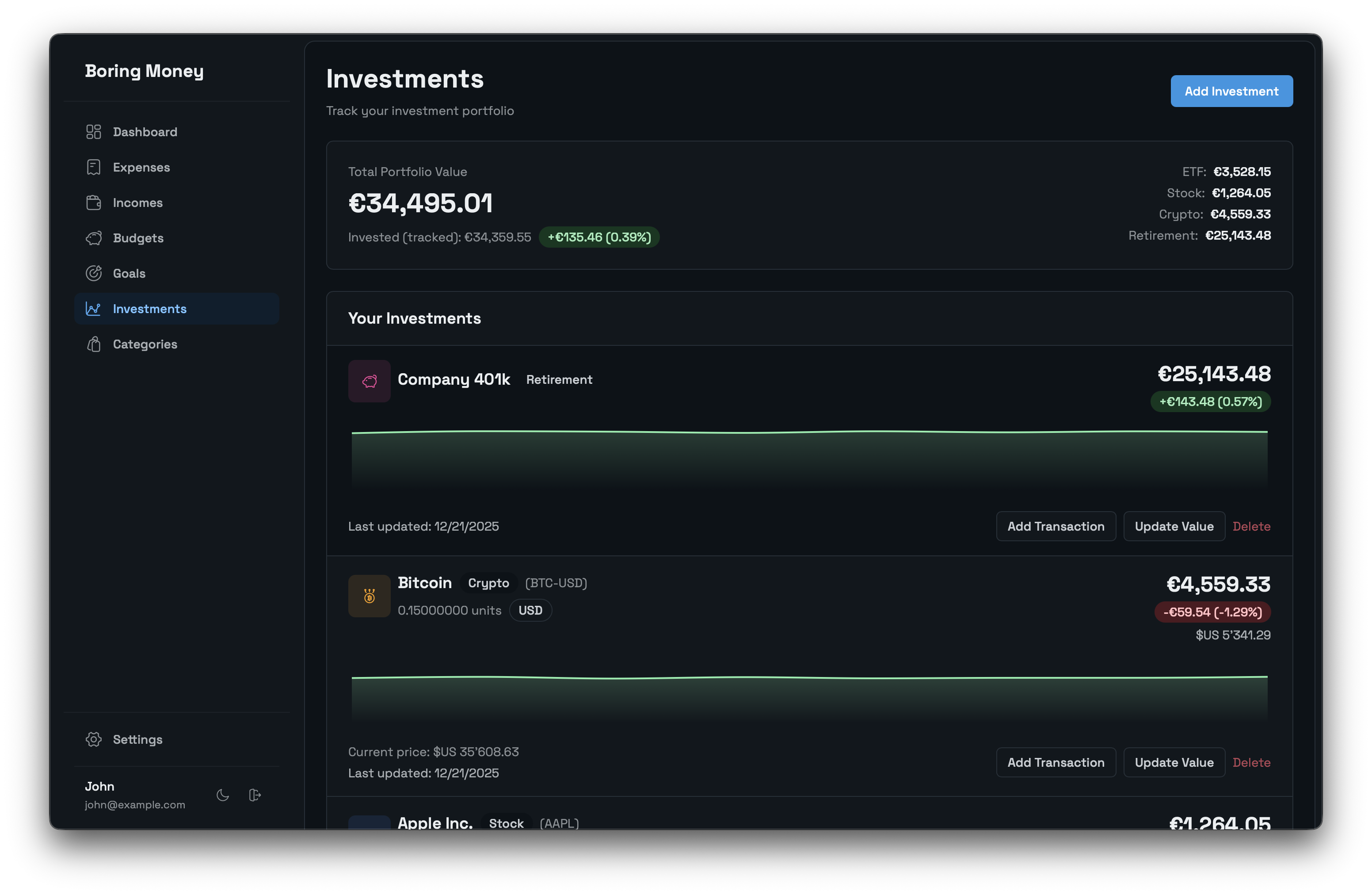 Affichage des portefeuilles de placements affichant les actions, ETF et les avoirs cryptographiques avec les valeurs actuelles, les gains et le graphique d'allocation des actifs