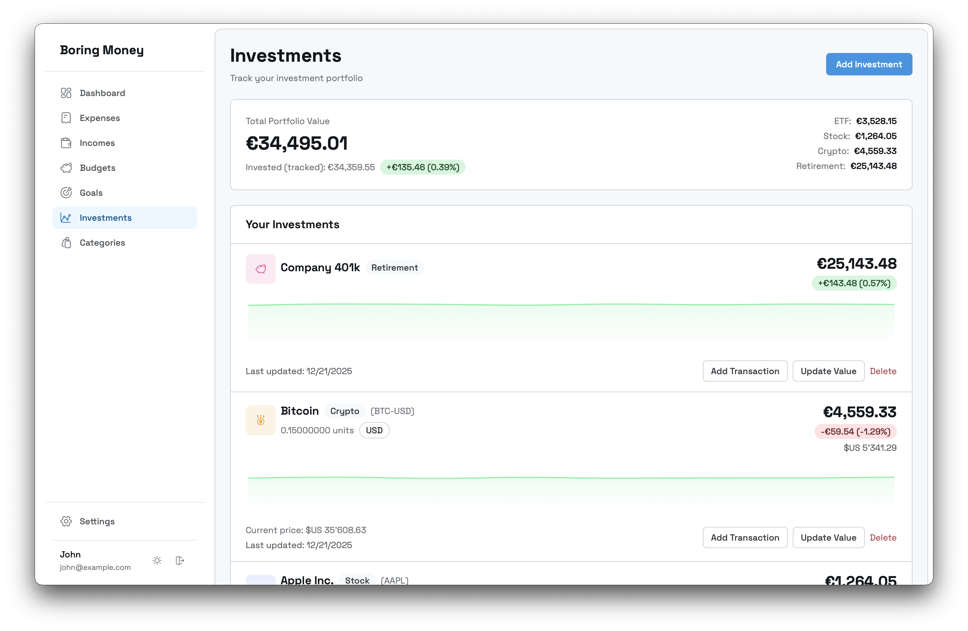 Affichage des portefeuilles de placements affichant les actions, ETF et les avoirs cryptographiques avec les valeurs actuelles, les gains et le graphique d'allocation des actifs